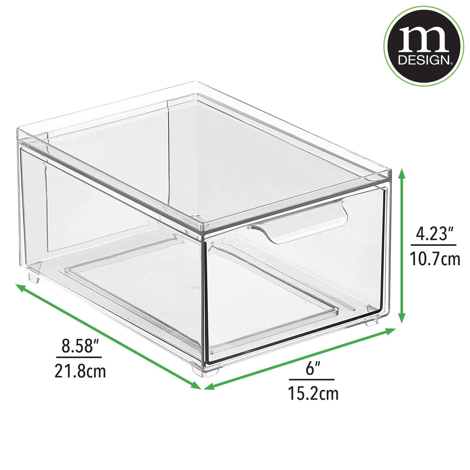 mDesign Stackable Storage Containers Box with Pull-Out Drawer - Stacking Plastic Drawers Bins for Kitchen Pantry and Cupboard  Cabinet  Counter  Island and Tables - Lumiere Collection - 4 Pack - Clear